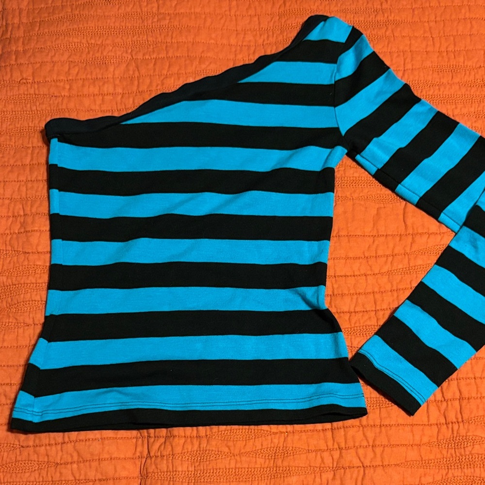 Candies Striped One-Shoulder Top - Black and Blue